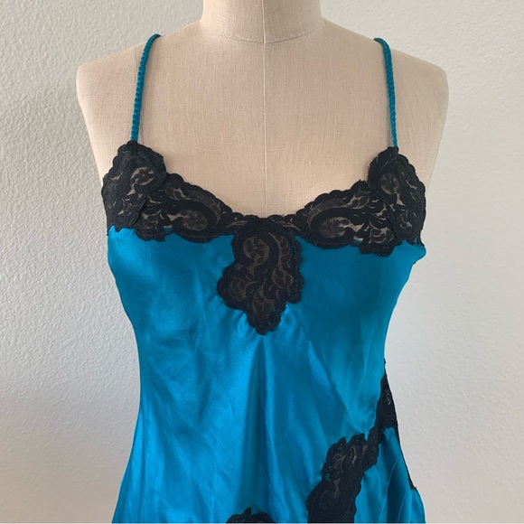 Vintage Victoria's Secret Teal Black Lace Chemise Nightgown Gold Label Size P - Picture 3 of 8